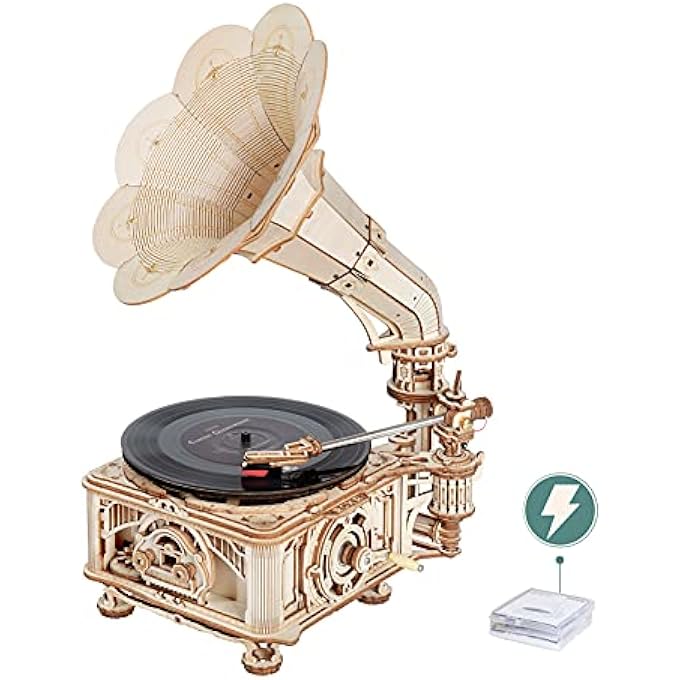 3D WOODEN PUZZLE FOR ADULTS DIY ELECTRICAL CLASSICAL GRAMOPHONE MODEL KITS TO BUILD VINYL RECORDS PLAYER UNIQUE BIRTHDAY GIFT - Image 1